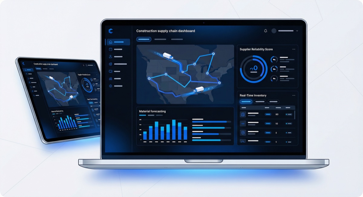 SupplyTwin dashboard showing real-time delivery tracking, supplier reliability scores, and material inventory